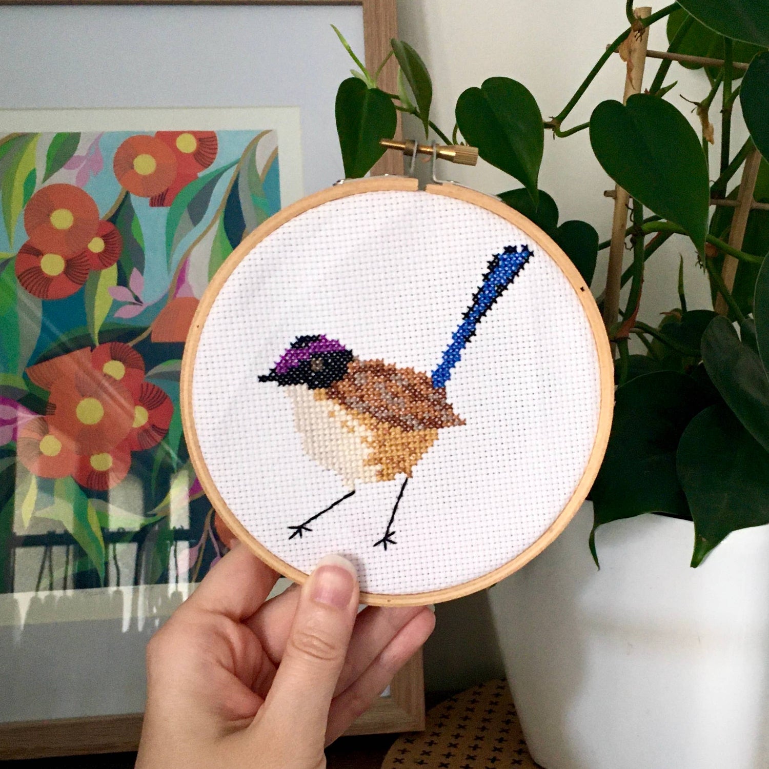 Purple Crowned Fairy-wren Cross Stitch Kit: Without embroidery hoop